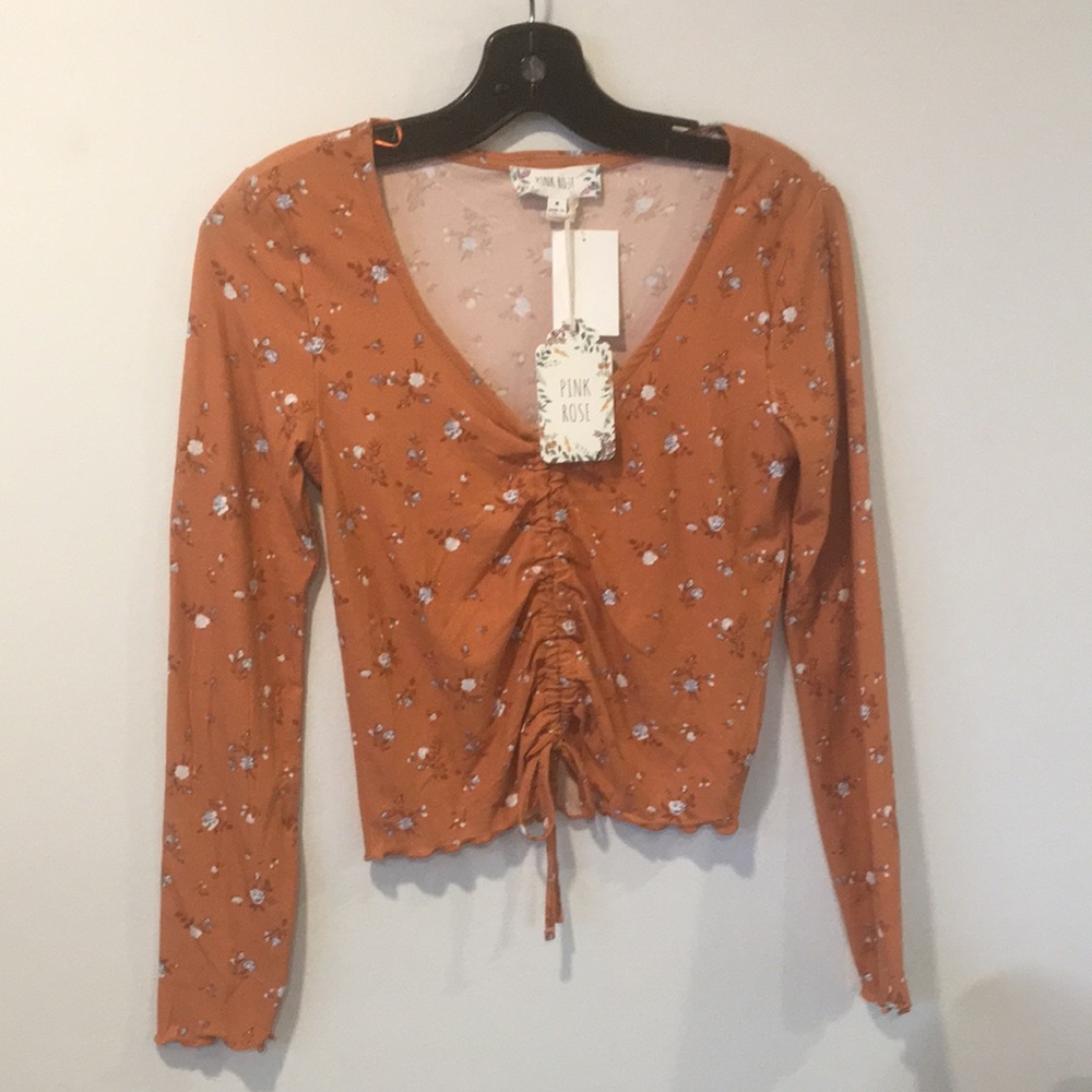 PINK ROSE Women’s Ginger Rust Floral Long Sleeve Front Cinch Top Size Medium